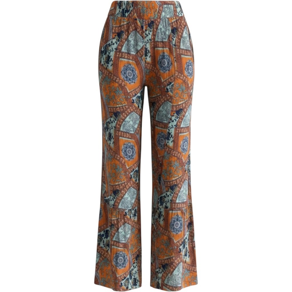 Easel Los Angeles Boho Patchwork Wide Leg Pants Orange Blue‎ Small EB41356